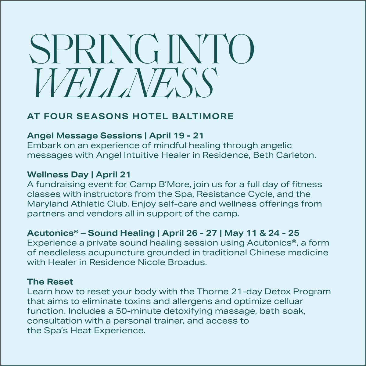 FSBaltimore's tweet image. Revitalize your mind and body with wellness experiences tailored to the sounds of spring at #FSBaltimore. To learn more and to book, visit: bit.ly/4aiSWqp

#FSSpa #Wellness #FourSeasons #BaltimoreSpa