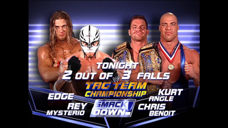 New Episode drop! On this week's episode, we see another match involving the 'Smackdown 6'. This match sees Angle and Benoit defend the WWE Tag Team Championships against Edge and Rey Mysterio in a 2 out of 3 Falls Match! Taking place on the November 7th, 2002 Smackdown!