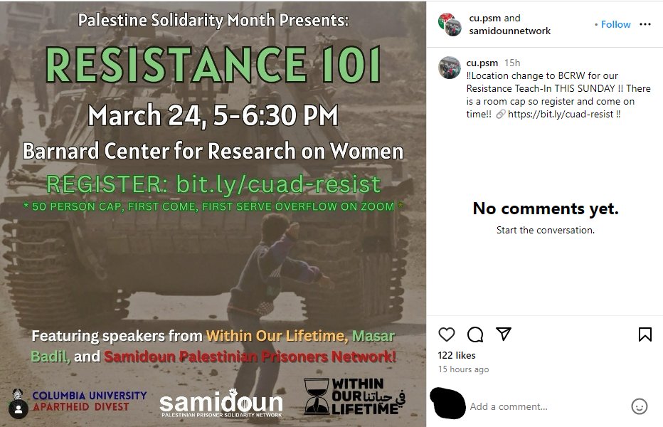 CampusJewHate's tweet photo. 1/4 @ColumbiaBDS has organized an event during the Jewish holiday of Purim featuring  #Samidoun and Within Our Life Time (WOL). 

What does @Columbia have to say about hosting an organization affiliated with terrorism?

#djhc #djhc_columbia

@ShaiDavidai @CU_JewishAlumni https://t.co/wJ9tvjGFB0