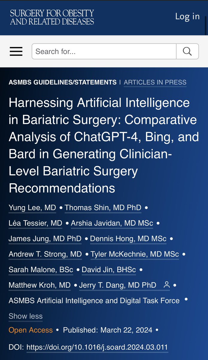 Our first work from the @ASMBS AI and Digital Surgery Task Force! @OpenAI #ChatGPT looking promising for clinician level bariatric surgery recommendations @SOARD_JOURNAL soard.org/article/S1550-…