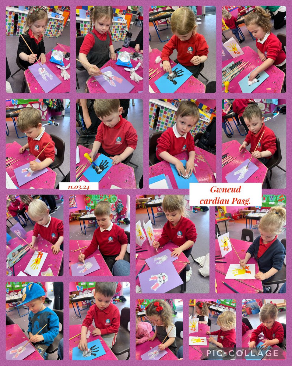 Wythnos o fwynhau gweithgareddau’r Pasg 🐣
🧁 Coginio cacennau Pasg yn y gegin fwd
🥚 Peintio wyau Pasg
🐥 Creu carden Pasg 
💛 Helfa lliwiau/rhifau Wyau Pasg ar gyfer ein gwers Ymarfer Corff

PASG HAPUS I BAWB 💛🧡🤍