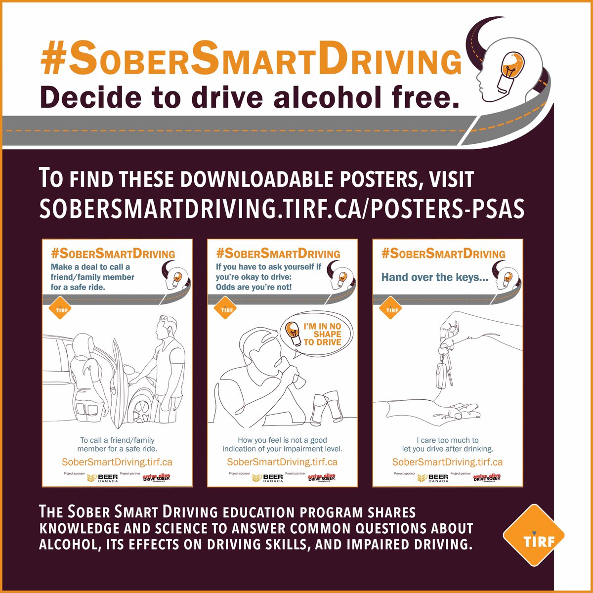 March 17 to 23 is National Impaired Driving Prevention Week. TIRF's Sober Smart Driving website, w. funding provided by @BeerCanada, shares knowledge & research to answer common questions about alcohol & #impaireddriving. Visit: sobersmartdriving.tirf.ca #drivesober #RoadSafety