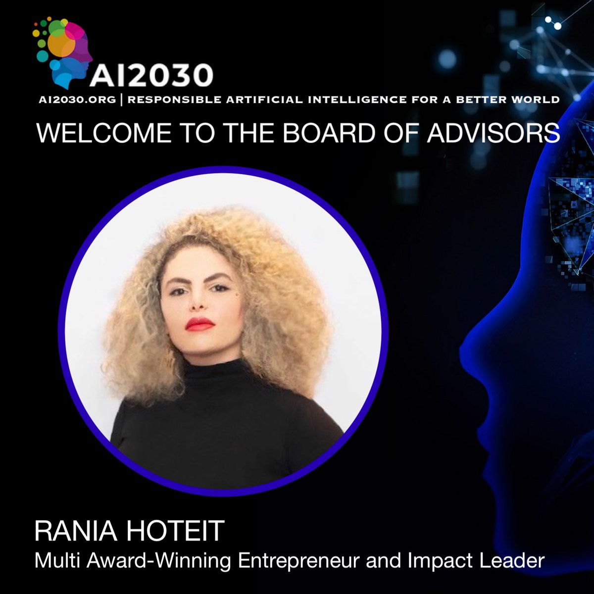 ✨ Pleasure to be appointed as Member of the Board of Advisors at AI 2030, a global initiative aimed at harnessing the transformative power of #AI to benefit #humanity while minimizing its potential negative impact. Learn more: ai2030.org #futureofai #womenintech