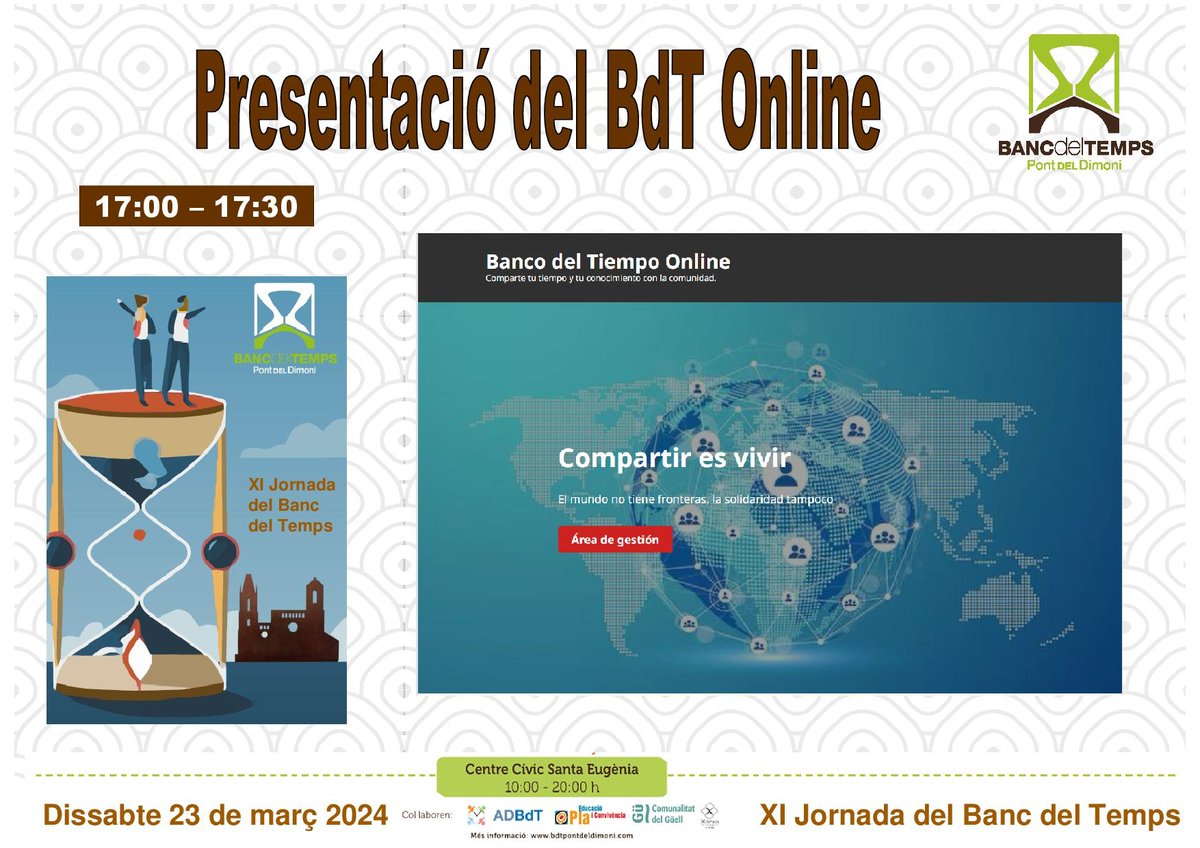 ADBdT's tweet photo. ¿Quieres participar en un #bancodetiempo y no tienes a ninguno cerca?

✅Opción 1: te ayudamos a montar uno
✅Opción 2: apúntate al nuevo #BdtOnline 

En las jornadas del @Bdtpontdimoni presentamos el https://t.co/8LeYF0fnz8

Para preinscripciones: https://t.co/4pTSqoxOmx https://t.co/zATQvwuxmW