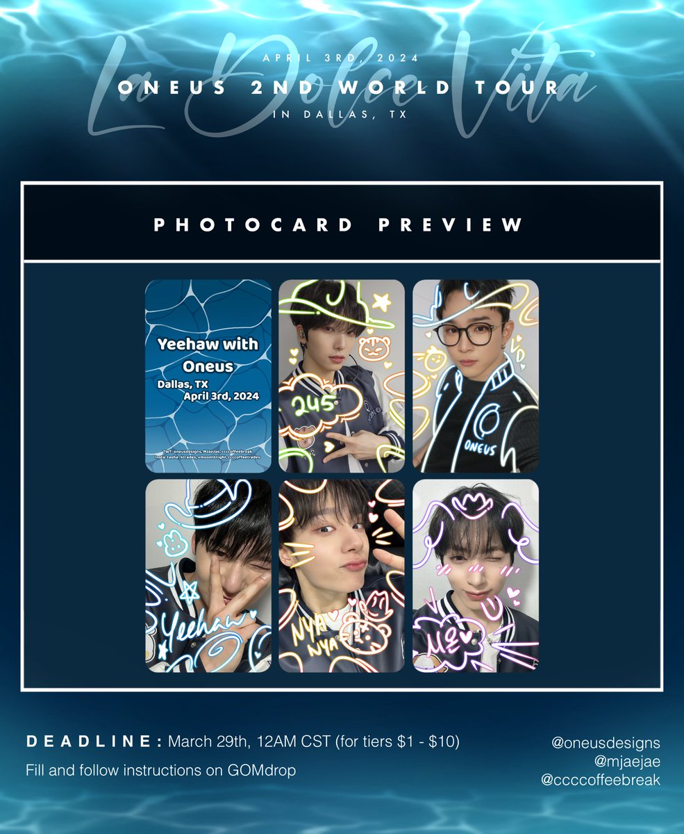 yeehawwithus's tweet photo. Tier goodies final reveal!
It’s not too late to join our banner project for Oneus in Dallas!
Tiers $1, $5, and $10 are still available!!
Tier $25 is SOLD OUT!!
.
Shipping for tier goodies is also available!! https://t.co/MrumfPodQe