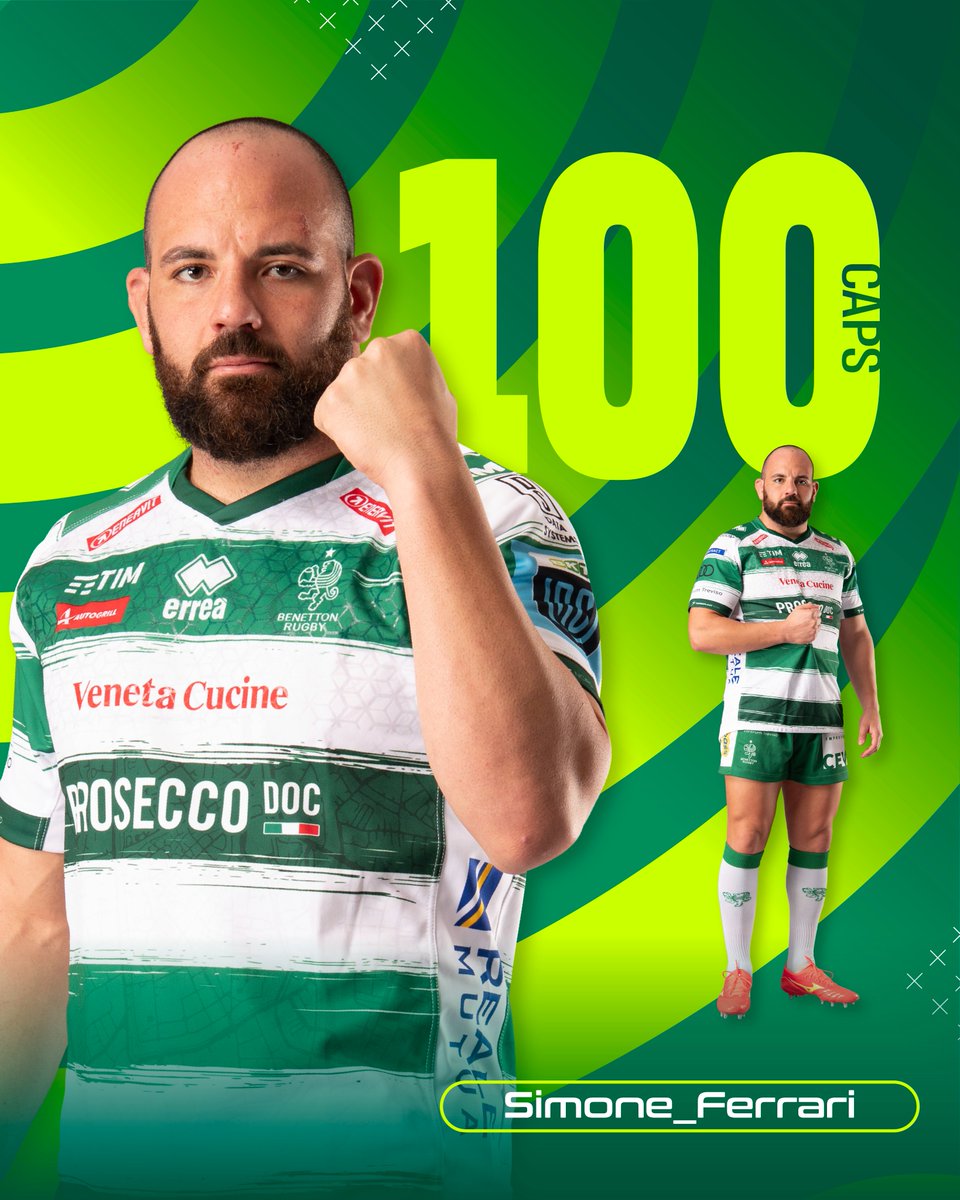 BenettonRugby's tweet photo. Congratulazioni a @SimoFerro03 per aver raggiunto le 1️⃣0️⃣0️⃣ presenze in biancoverde 👏🏻🤍💚

#BenettonRugby #WeAreLions https://t.co/smmHv4DB6U