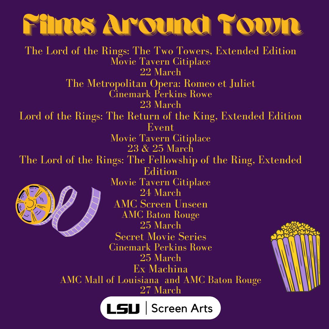 LSUScreenArts's tweet image. Have some free time over the weekend? See some films around town! Both Cinemark’s Secret Movie Series and AMC’s Scream Unseen are happening this week. Tickets are $5, and the featured unreleased film remains a mystery until showtime! #geauxSCRN