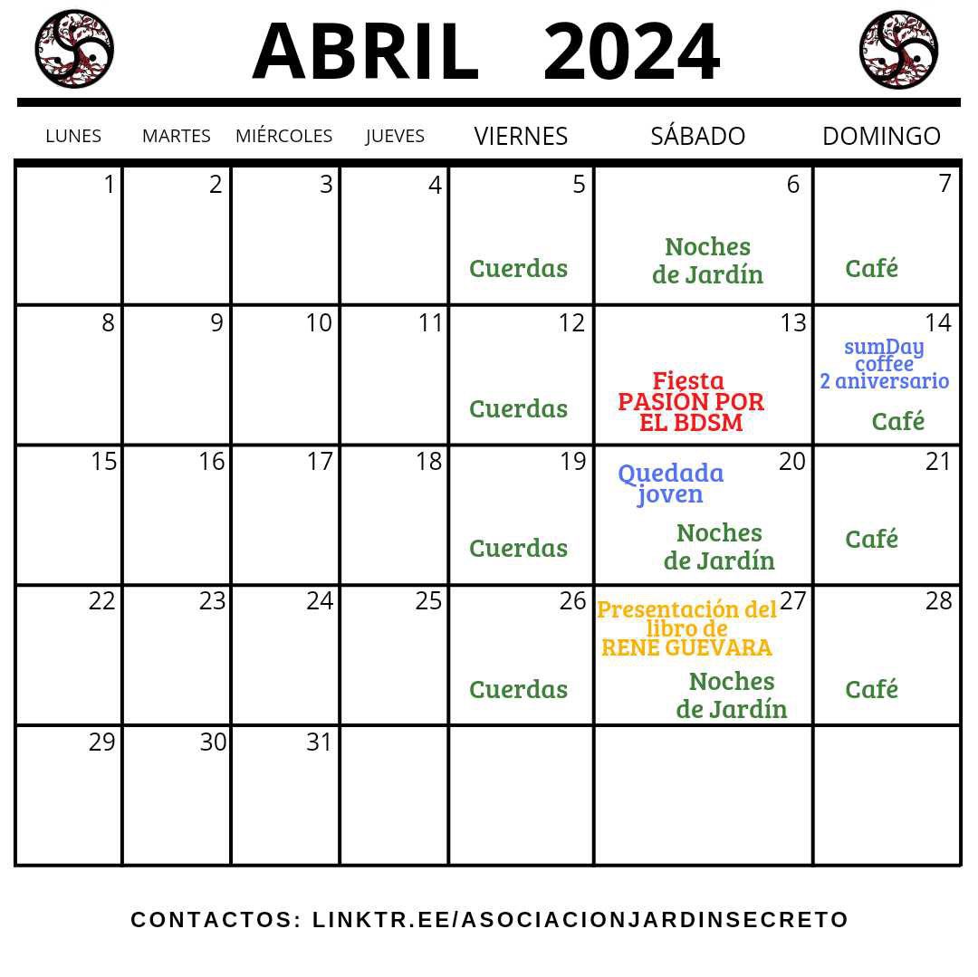 Les dejamos el calendario de eventos del mes de Abril. No se pierdan la fiesta de la pasión por el BDSM, la quedada joven o el 2 aniversario del sumDay coffee, ni la presentación del nuevo libro de René Guevara, además de los viernes de cuerdas y los cafés de los domingos.