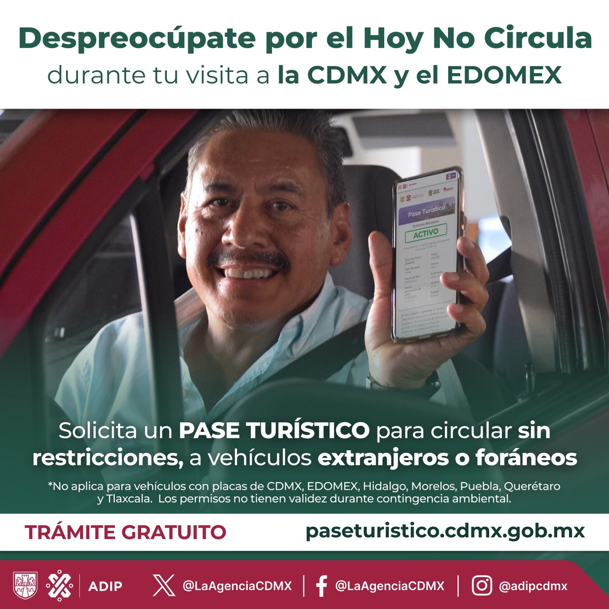 Si visitas la CDMX y el EDOMEX con placas de otro estado, tramita tu pase turístico para que circules sin preocuparte por el Hoy no circula durante tu estancia. Para mas información, visita: paseturistico.cdmx.gob.mx