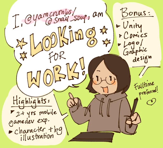 hello, I am now looking for work! 👋

🍅US based (+open to relocation)
🥕optimally fulltime studio work but open to other opportunities!
🍠2+ yrs cozy gamedev experience but eager to branch out into new genres

portfolio/contact: https://t.co/E6LO56lbdG

🧵of some pieces below! 