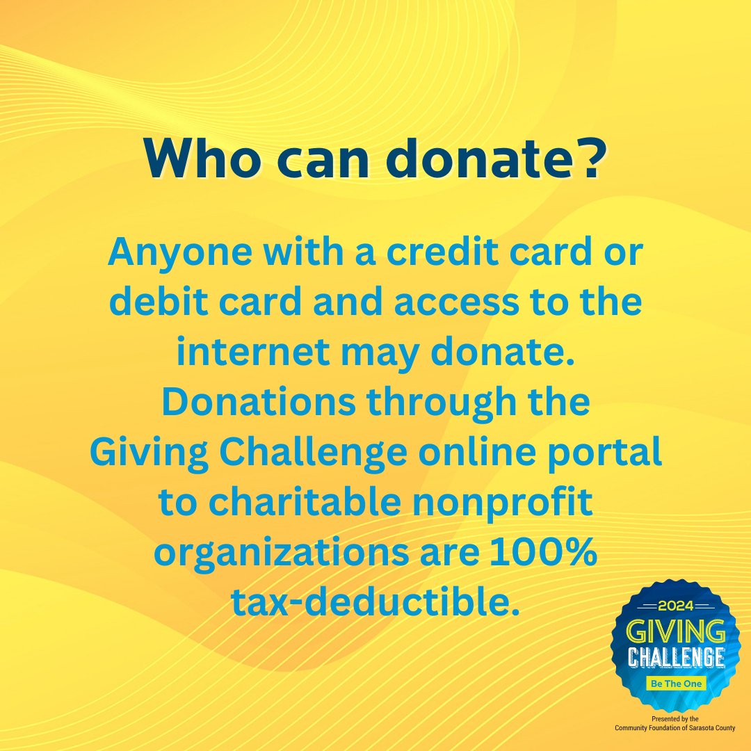 CFSarasota's tweet photo. The Giving Challenge is an online event where @ThePattersonFdn  is matching donations from $25 - $100.
Donations can be matched for multiple orgs so don’t hold back!
How will you #BeTheOne to support local nonprofits?
Join the fun noon – noon on 4/9-4/10!
#GivingChallenge2024 https://t.co/X9n00CcoCI