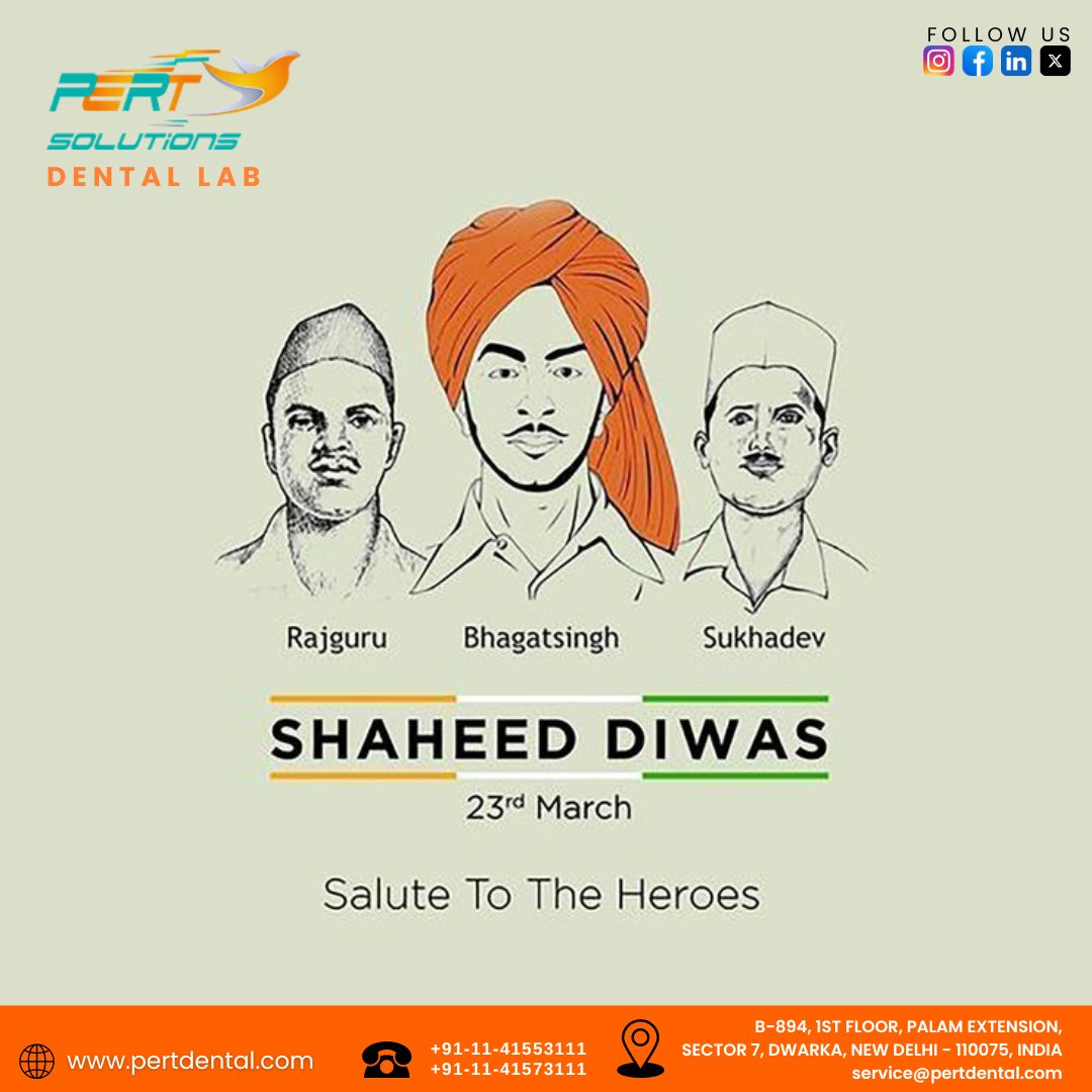 pert_dental's tweet photo. #Freedom isn't free. We salute the martyrs, who paid the ultimate price for our independence. Their flames of freedom still burn bright. Remembering #BhagatSingh, Sukhdev, and Rajguru on #ShaheedDiwas 

#PertDental #23thMarch #MartyrsDay  #IndianIndependence #teeth #MissingTeeth https://t.co/VyJ9o865sS