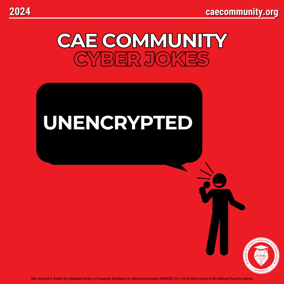 CAECommunity's tweet photo. Friday Cyber Joke!π»
What do you call an excavated pyramid? π
UNENCRYPTED π€£
Check out our website and socials for more cyber info and fun content!
#cyber #CAE #CAECommunity #cybersecurity #TGIF https://t.co/HB5vlBusy5