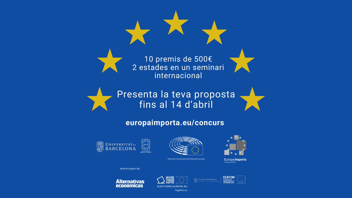 Europa_importa's tweet photo. Convocatòria oberta a tot l'estudiantat de la @UniBarcelona 
Com plantejaries una campanya  per promoure la participació a les eleccions europees?
10 premis de 500 €
2  estades en un seminari internacional per a joves 
Data límit 14 d'abril de 2024
https://t.co/JP0ndmp9kX https://t.co/zsq9HJeqr9