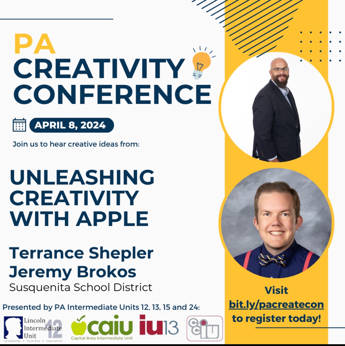 brokosj's tweet photo. Looking forward to presenting alongside my friend and colleague @TERRANCESHEPLER at the PA Creativity Conference! We'll be sharing ways to enhance learning with the Everyone Can Create series through Apple. #SoaringwithTech https://t.co/vGobEQqnZp