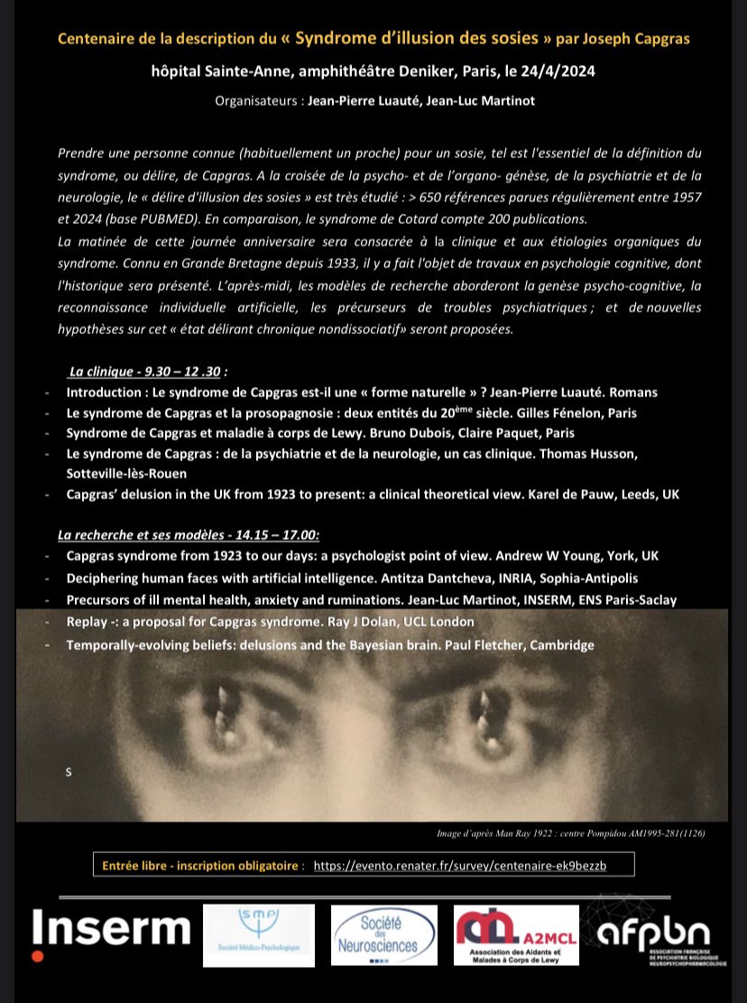 SMP_MedicoPsych's tweet photo. Venez nombreux le 24 avril pour célébrer les 100 ans du syndrome de #capgras ou illusion des sosies. La #semiologie psychiatrique française a encore beaucoup à offrir #neurosciences #clinique #psychiatrie inscription gratuite #Paris https://t.co/UoUK8FOKQy