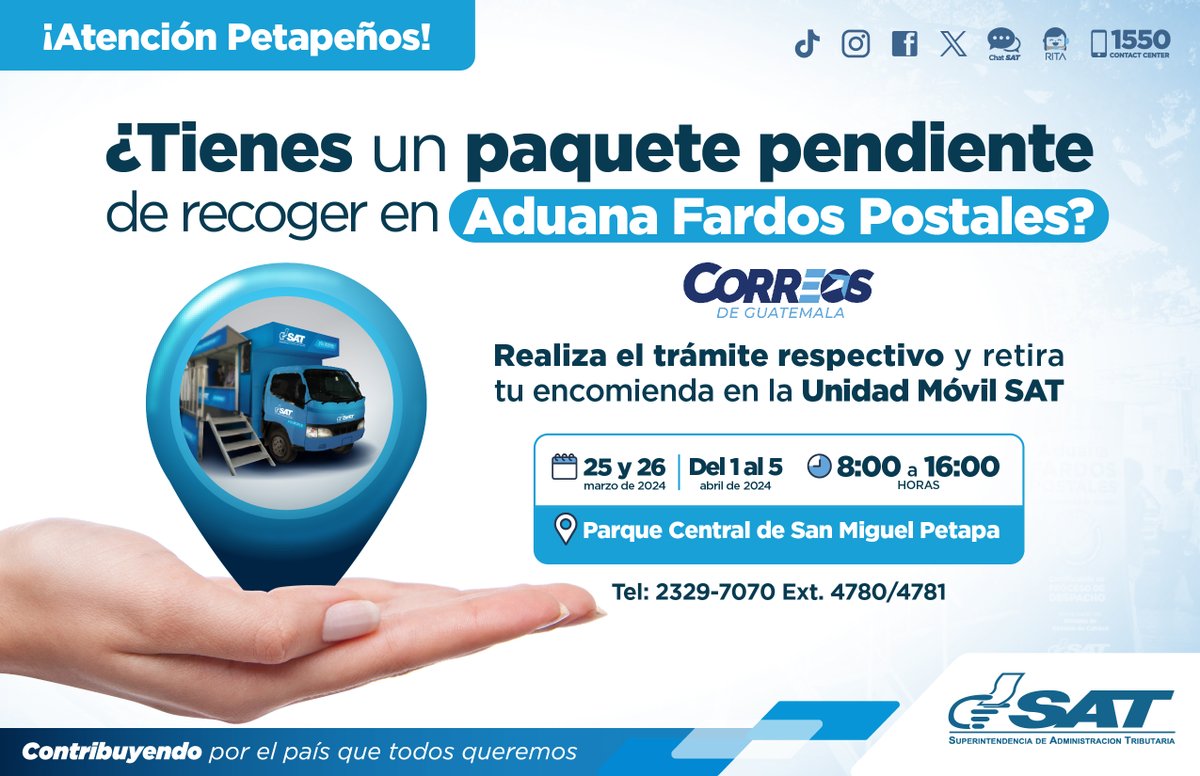 SATGT's tweet photo. 🔔¡Atención Petapeños!
La Unidad Móvil SAT llega al Parque Central de San Miguel Petapa, ahí podrás realizar el trámite respectivo y retirar tu encomienda. https://t.co/n3bJsM1DAU