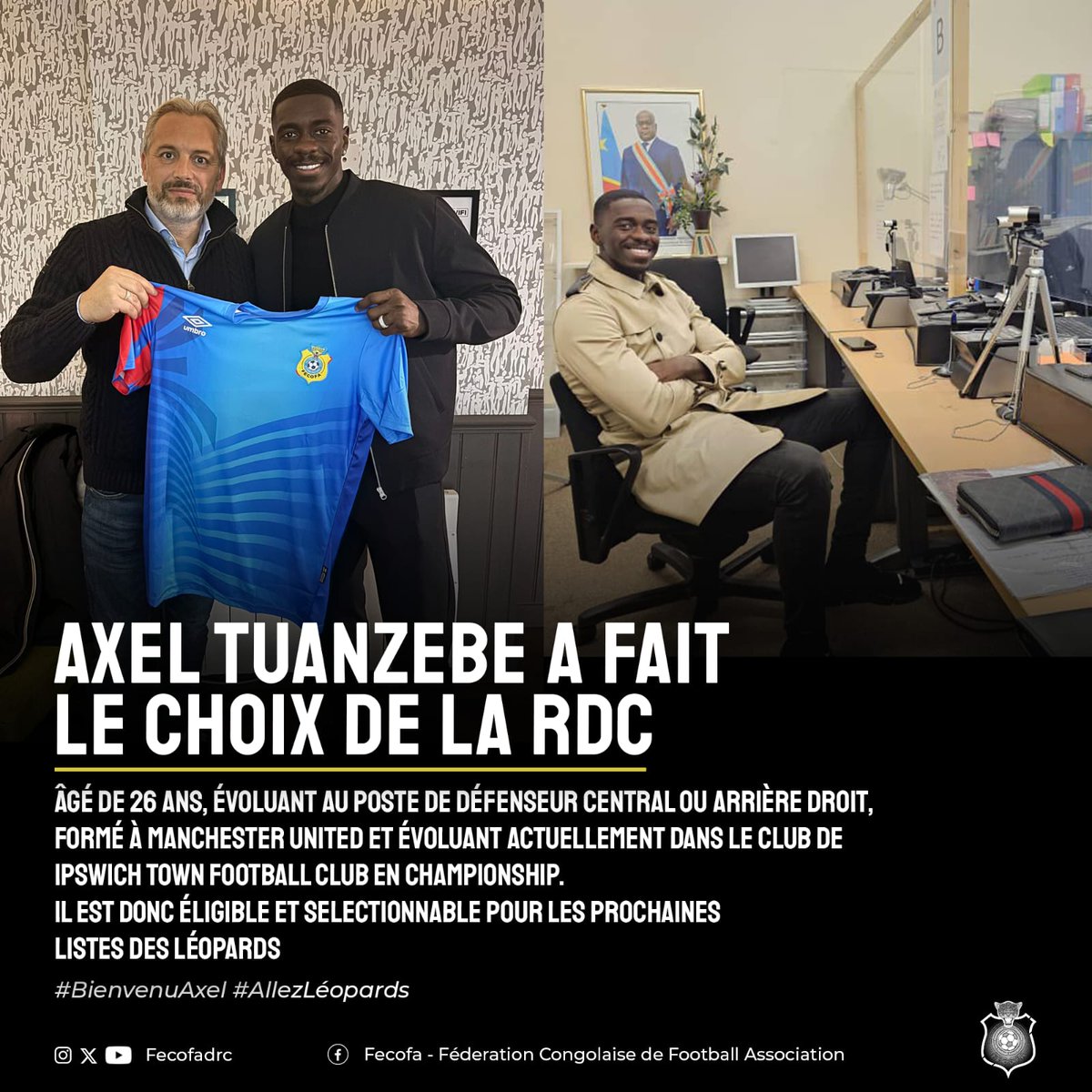 [𝗔𝗡𝗡𝗢𝗡𝗖𝗘] Axel Tuanzebe, natif de Bunia et sociétaire d'Ipswich Town en D2 anglaise est désormais éligible et selectionnable pour représenter les Léopards lors des prochaines échéances internationales. BOYEYI MALAMU #MwanaMboka #Fecofa