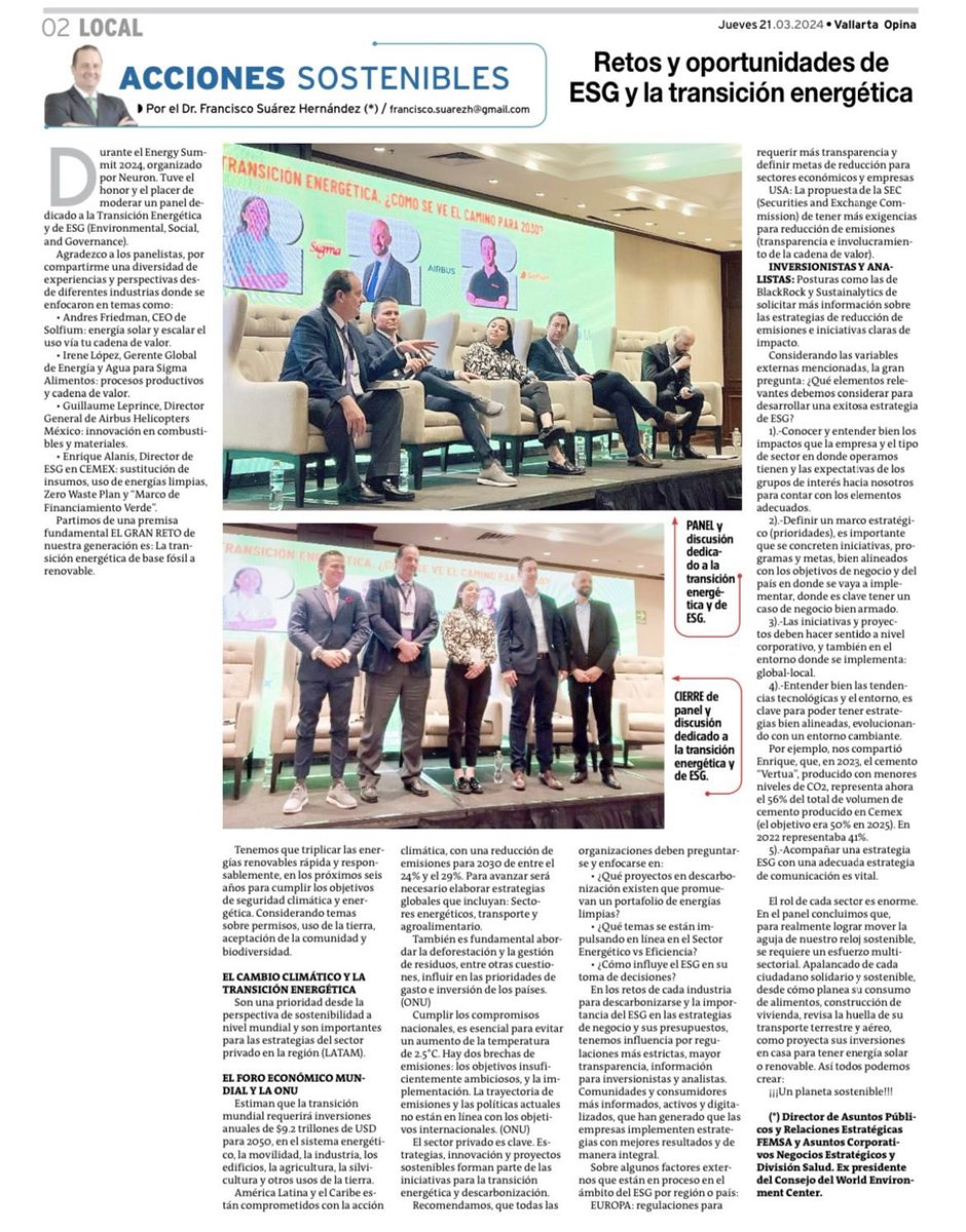 "La innovación y la tecnología son nuestras mejores aliadas en la transición hacia un modelo energético más sostenible. Apostemos por ellas."
<a href="/panchosuarezh/">Francisco Suarez</a> 
Retos y oportunidades de ESG y la transición energética 
<a href="/Empresability/">Felipe Cajiga</a>