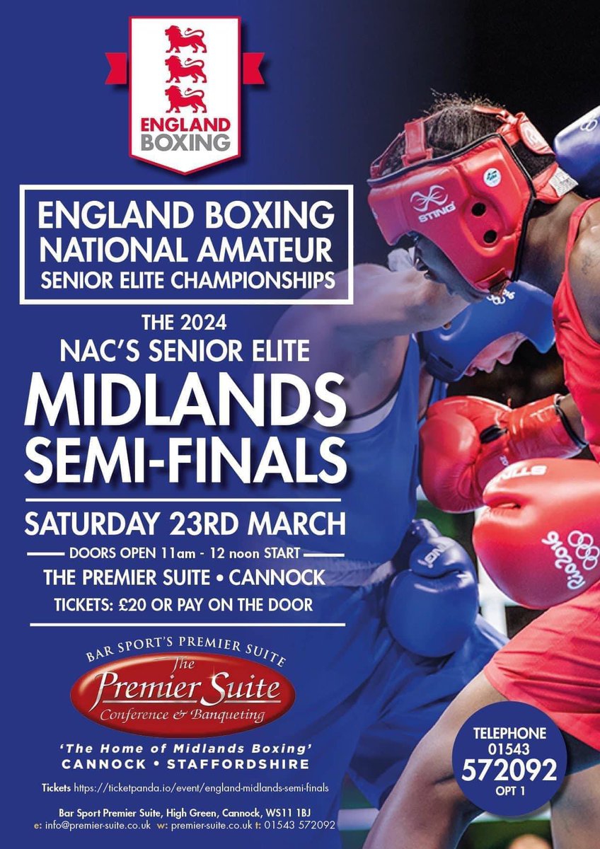ThePremierSuite's tweet image. 🥊The National Amateur Boxing Championships @England_Boxing NAC’s senior elite Midlands SemiFinals are in Cannock @ThePremierSuite tomorrow afternoon 12noon 
All welcome to join us to watch the boxing stars of the future
Pay on the door 
T:01543572092
#NACs #NationalChampionships