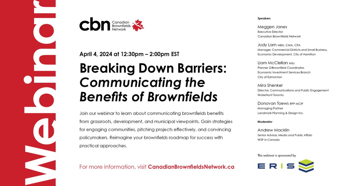 CdnBrownfields's tweet photo. Join an exceptional panel of speakers and discover how to break down barriers when communicating the benefits of brownfields. Meet our speakers and register for our April 4th webinar now at: https://t.co/olVQTy47bR

Sponsored by @ERISInformation

#BrownfieldsFirst https://t.co/SCP9aVLFQo