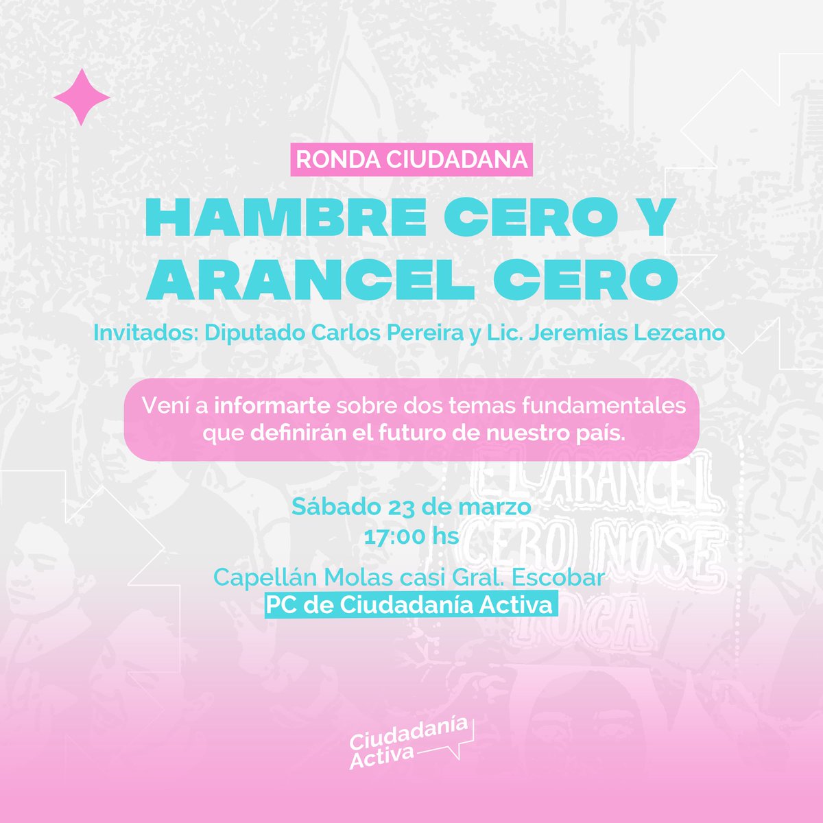 movciudadaniapy's tweet photo. ¡Vuelven las rondas ciudadanas! 🚀

Y esta vez conversamos sobre:

👉 Proyecto Hambre Cero, por el Diputado Nacional Carlos Pereira @capr88 
👉 Ley Arancel Cero, por el Lic. Jeremías Lezcano @JereLezcanoPy https://t.co/3SKkgPe8Qf