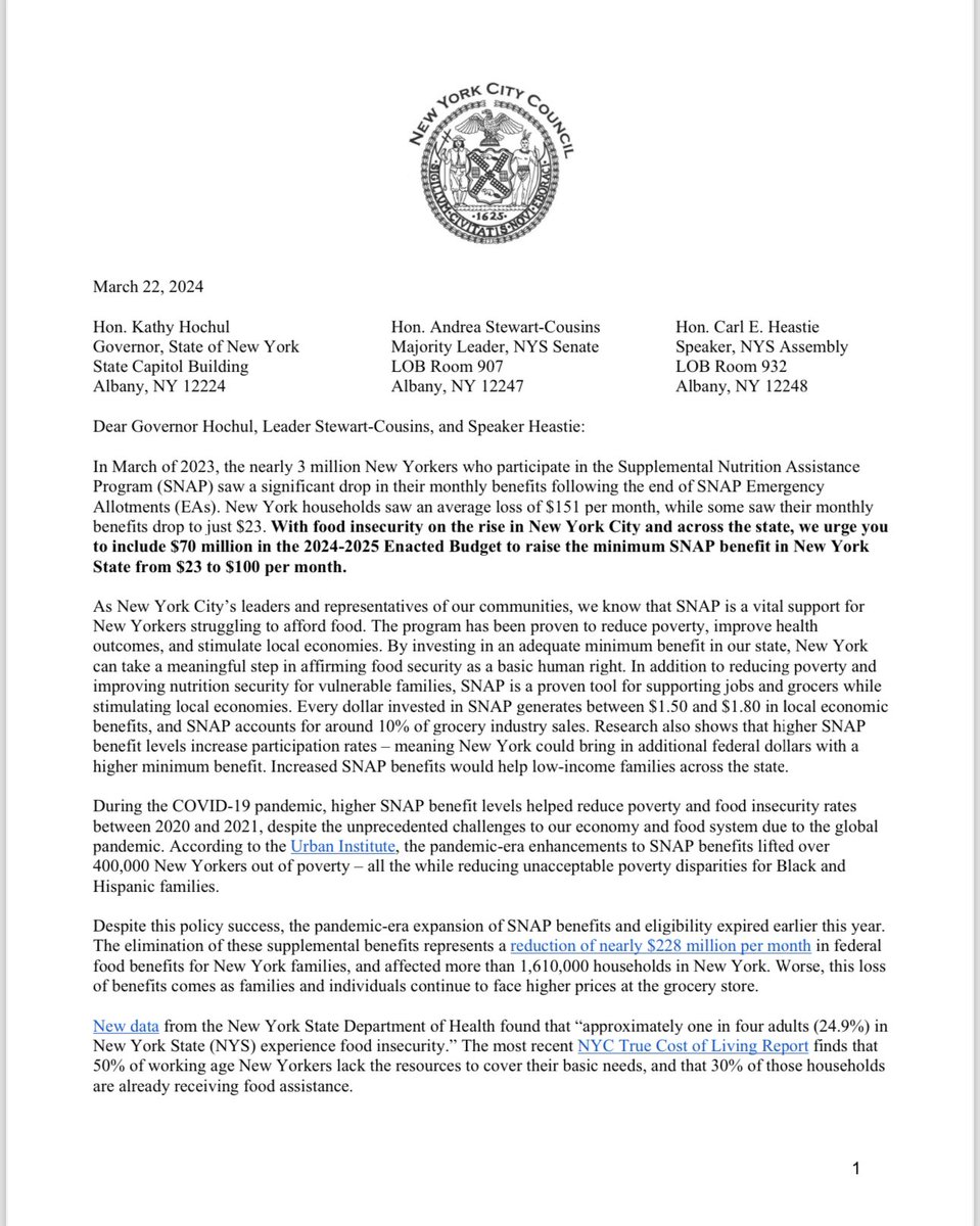 votejgr's tweet photo. NEW: 26 NYC Council Members sent a letter led by @galeabrewer to NYS legislative leadership &amp; @GovKathyHochul calling for an increase in the SNAP minimum benefit.

With food insecurity on the rise in NYC and across NYS, we must take action &amp; increase it from $23 to $100.

TY CMs! https://t.co/5R7uOTfTid