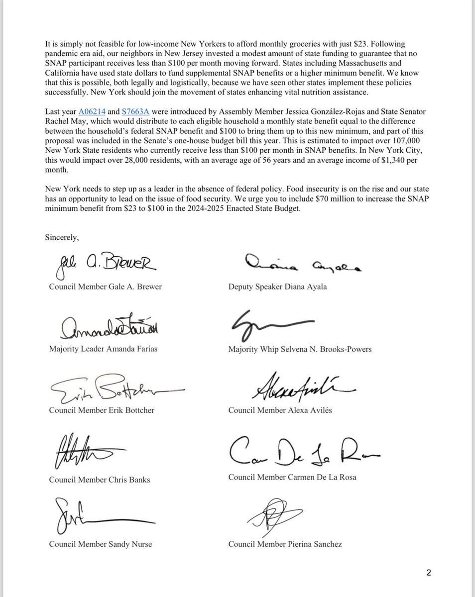 votejgr's tweet photo. NEW: 26 NYC Council Members sent a letter led by @galeabrewer to NYS legislative leadership &amp; @GovKathyHochul calling for an increase in the SNAP minimum benefit.

With food insecurity on the rise in NYC and across NYS, we must take action &amp; increase it from $23 to $100.

TY CMs! https://t.co/5R7uOTfTid
