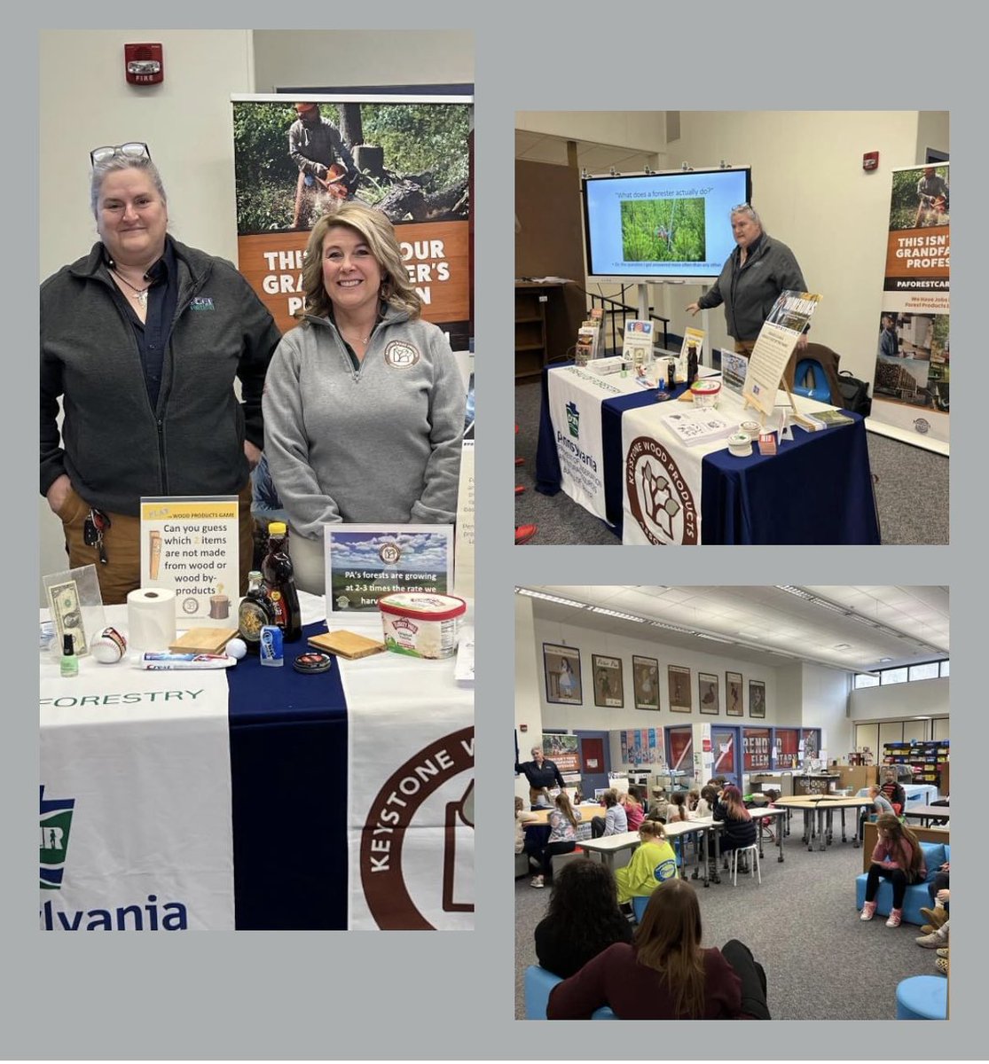 KeystoneWood's tweet photo. 🌳TEAMWORK 🌳Yesterday, Lin Greenaway, DCNR Forester at Sproul State Forest and Steph Phillips-Taggart, executive director of KWPA, discussed industry careers with 350 students (K-12) at the Bucktail Elementary and High School located in  Renovo. 
#paworkingforestswork https://t.co/O9erfwtjxm