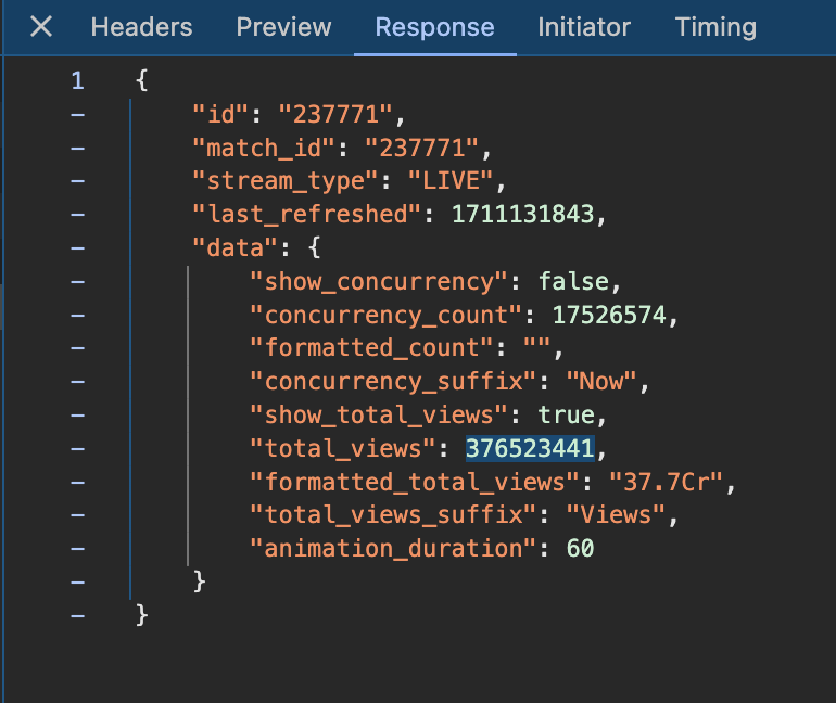 Arvi ⌨️ (@arvi128) on Twitter photo How to get the actual live user count watching #ipl on <a href="/JioCinema/">JioHotstar Reality</a> ?
Noticed recurring api calls being made to engage.jiocinema.com.
Response accurately shows concurrent viewer count and total views . How to get the actual live user count watching #ipl on <a href="/JioCinema/">JioHotstar Reality</a> ?
Noticed recurring api calls being made to engage.jiocinema.com.
Response accurately shows concurrent viewer count and total views .