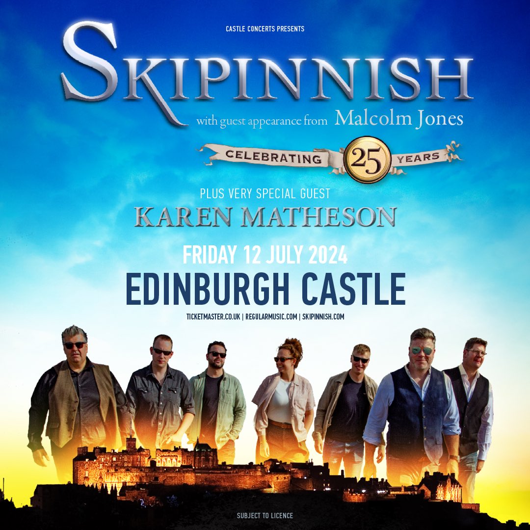 Since long before Skipinnish were formed, Karen Matheson has been an iconic presence in Celtic Music. A huge honour that she and her band will join us at Edinburgh Castle! Malcolm Jones and Karen Matheson on a poster with Skipinnish! - What a party this is to be!