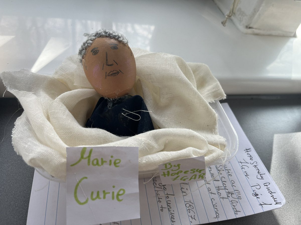 StBedesScience's tweet photo. An egg-cellent contribution depicting Marie Curie and a wonderful description of her work. #hardboiledscience https://t.co/UmUmZDLNki