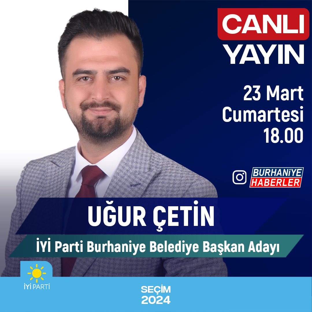 kofezhaberler's tweet photo. İYİ Parti Burhaniye Belediye Başkan Adayı Av. Uğur Çetin, “Burhaniye’de Siyaset” isimli programınızın canlı yayın konuğu olacak.

🗓️ 23 Mart Cumartesi
🕕 18.00
▶️ Burhaniye Haberler Instagram

@avugurcetin https://t.co/pSHjl4E2Hb