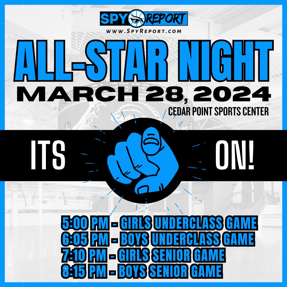 Spy Report π¦π (@spyreportoh) on Twitter photo π¨π«΅πΌ ITS ON FOR ALL-STAR NIGHT!
βοΈ The 2024 Spy Report All-Star Night is coming together with commitments from players in the SBC, NBC, N10, NLL and Firelands!
ποΈ THURSDAY, MARCH 28
βοΈ 5:00p Girls Underclass
βοΈ 6:05p Boys Underclass
βοΈ 7:10p Girls Seniors
βοΈ 8:15p Boys Seniors π¨π«΅πΌ ITS ON FOR ALL-STAR NIGHT!
βοΈ The 2024 Spy Report All-Star Night is coming together with commitments from players in the SBC, NBC, N10, NLL and Firelands!
ποΈ THURSDAY, MARCH 28
βοΈ 5:00p Girls Underclass
βοΈ 6:05p Boys Underclass
βοΈ 7:10p Girls Seniors
βοΈ 8:15p Boys Seniors