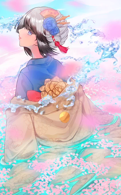 #soraspring The gorgeous pink of spring and the clear blue of water,Her back is so beautiful.I love the back of Sola's kimono! 