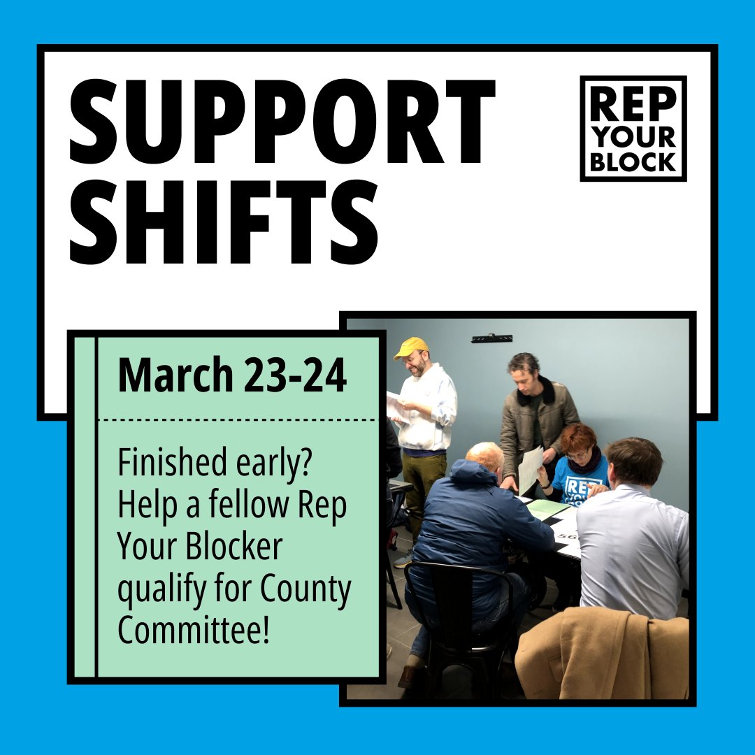 RepYourBlock's tweet photo. If you’ve already finished collecting your signatures, or if you didn't run this year but are available to volunteer, please consider helping a Rep Your Blocker qualify for County Committee by petitioning this weekend! https://t.co/I73WBY6K54 https://t.co/67vDBTeQn8