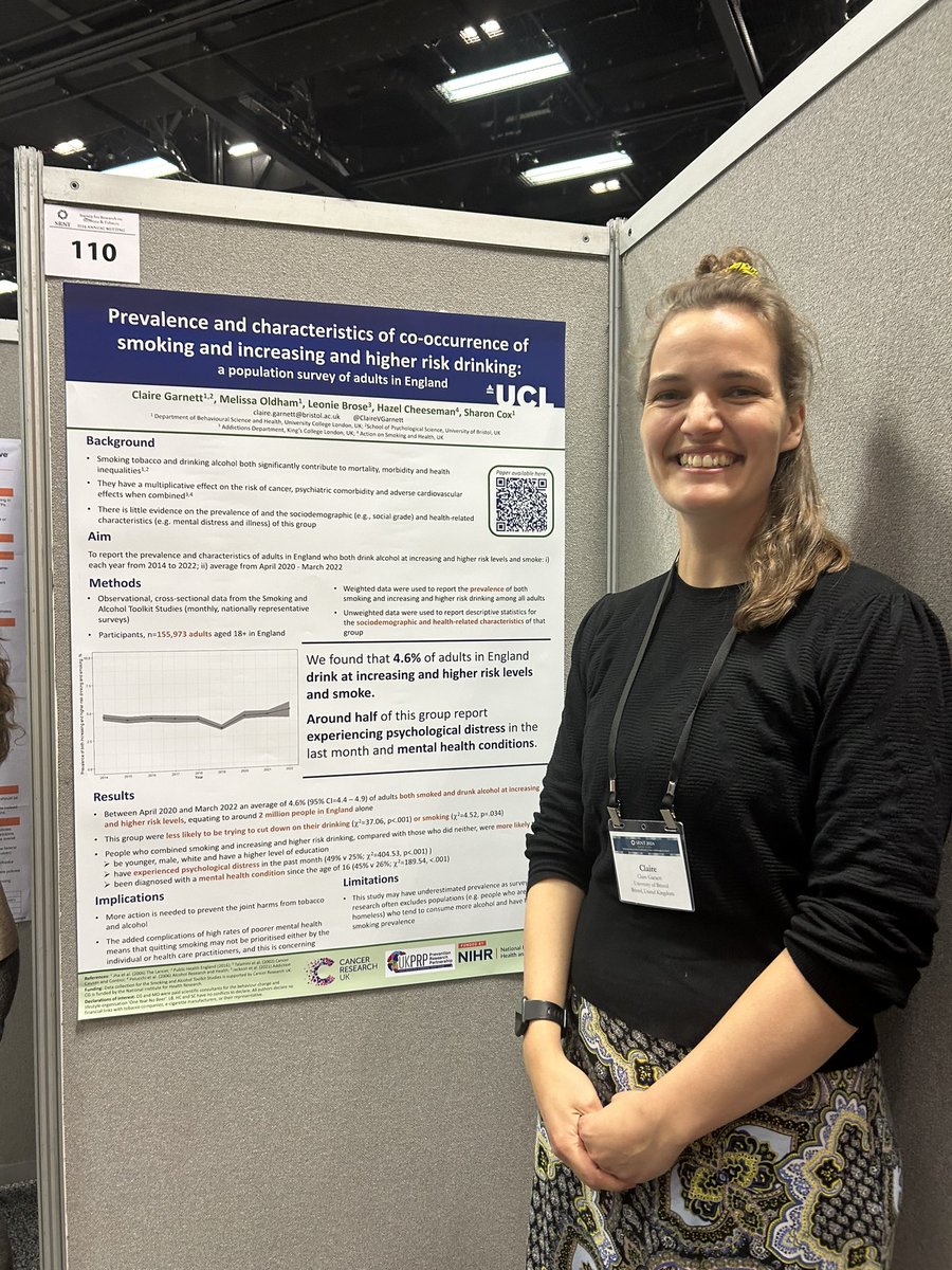 Excellent poster by @ClaireVGarnett at #SRNT2024 4.6% of adults in England drink at increasing and higher risk levels and smoke - this is around 2million adults. Around half also experience distress and mental health conditions.