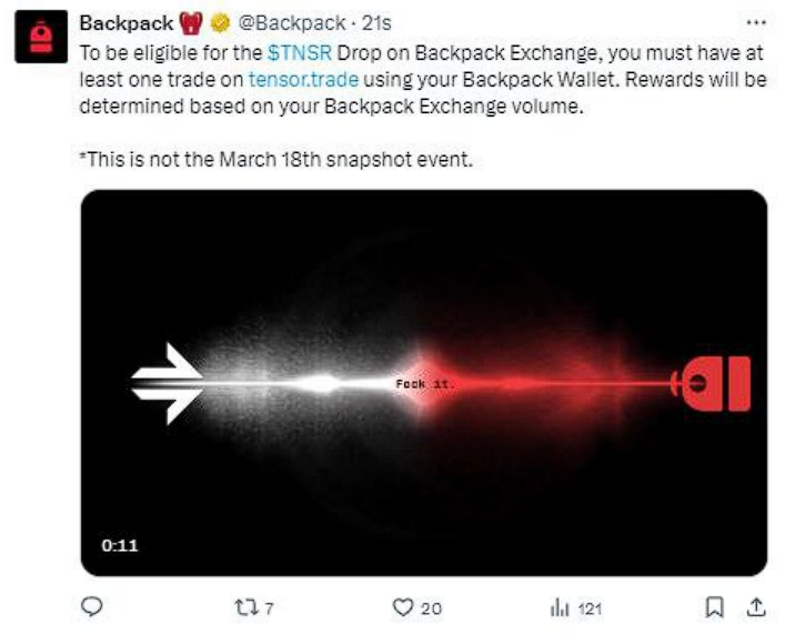 dgen_dao's tweet photo. Anti-FOMO Strategy

Came across discussions about rumors stating that in one of the posts on the Discord AG, it was mentioned that making transactions through the AG wallet is necessary to participate in the Tensor airdrop. The size of the airdrop, allegedly, will depend on the volume of your transactions on the BP exchange.
@Backpack 
The post, according to rumors, was quickly removed, but I can't overlook this information.

What to do?

- Purchase Solana on the BP exchange.
- Withdraw funds to the BP wallet. If you have already used it, there should be a "my wallet" button on the exchange. It is also possible to create a new wallet, which will automatically appear on the BP exchange.
- Buy NFTs on the Tensor platform and sell them, choosing offers with a small spread - there are plenty of such collections. I made about 5 transactions, spending approximately 0.2 SOL.
- Return the funds back to the BP exchange, but it is recommended to leave some amount of Solana in the BP wallet.

Thus, the anti-FOMO strategy has been applied. We hope that the rumors turn out to be true.