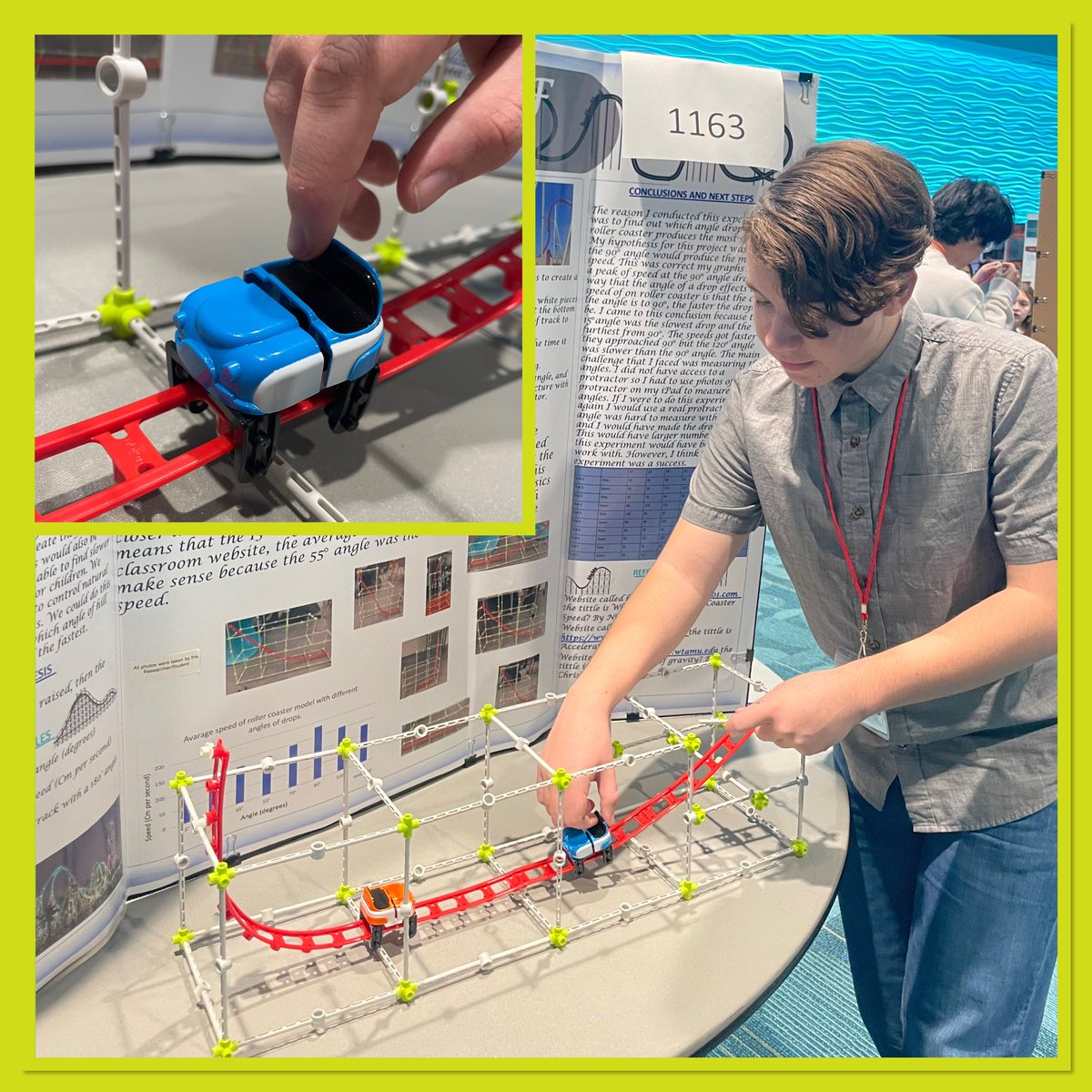 Jaxen Kocais of @ops_kingscience, one of our #MSEF24 junior #studentscientist , looked at how the angle of drop affects the speed of a roller coaster. He found closer the drop is to 98 degrees the faster it travels.