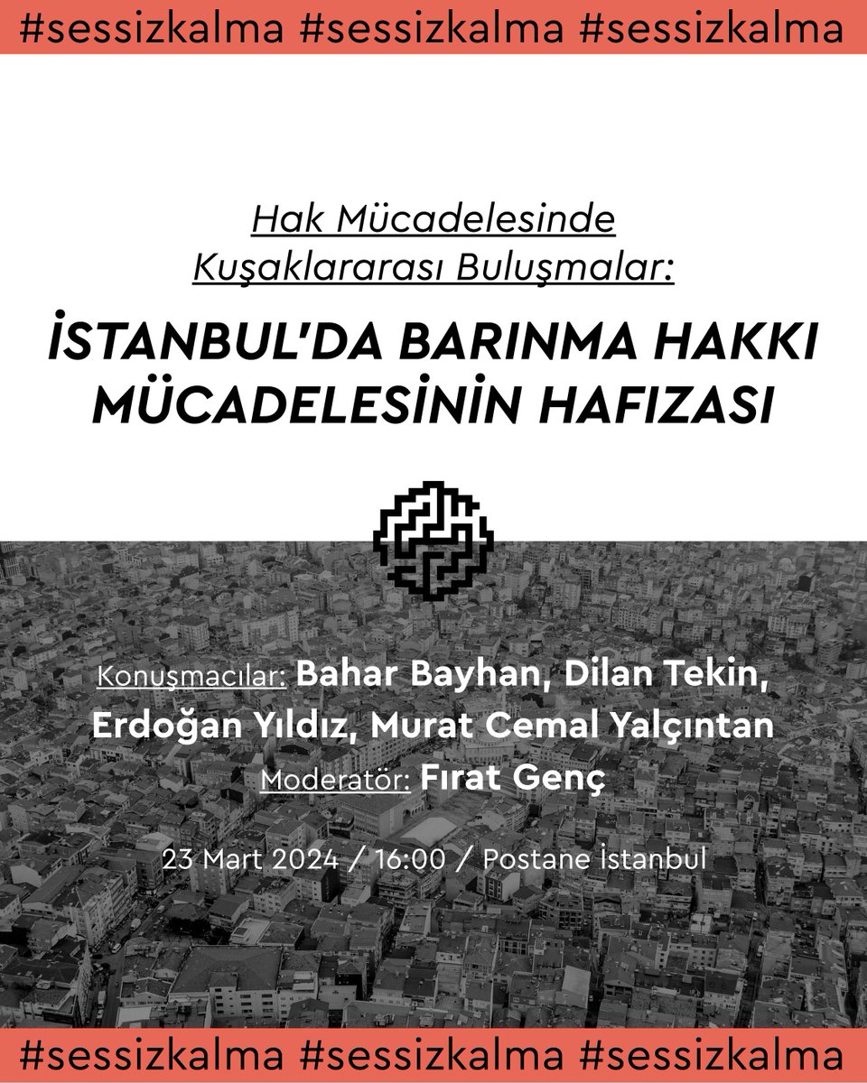 🏙️YARIN | “İstanbul’da Barınma Hakkı Mücadelesinin Hafızası” buluşması saat 16.00’da @postaneistanbul’da! Konuşmacılar: Bahar Bayhan (@bahar_bayhan), Dilan Tekin, Erdoğan Yıldız, Murat Cemal Yalçıntan (@MuratCemal) Moderatör: Fırat Genç 🔗Kayıt: bit.ly/3TFVGbq