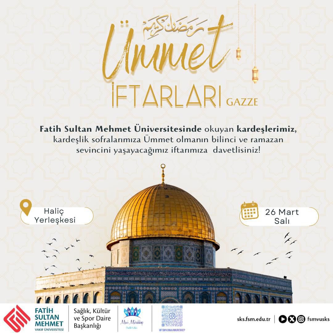 Ümmet iftarları kapsamında okulumuzda düzenleyeceğimiz,Ramazan sevincini yaşayacağımız iftarımıza hepinizi bekliyoruz 🕊️ 🌿Profilimizde yer alan katılım linkini doldurmayı unutmayın. 🌿Kontenjanımız sınırlıdır. 🌿Katılım ücretsizdir. 26 Mart Salı  📍 Haliç Yerleşkesi