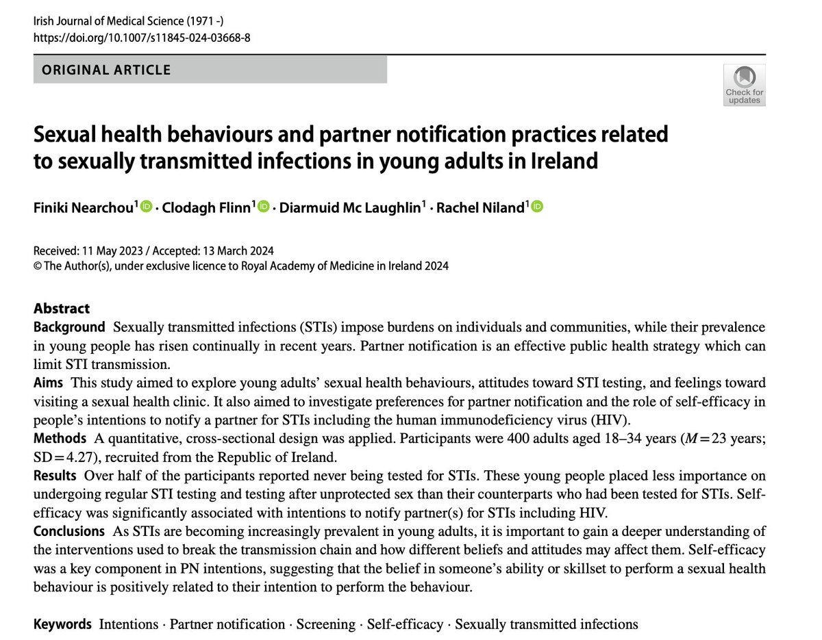 Dr Niki Nearchou (@nearchouniki) on Twitter photo New paper alert <a href="/SpringerNature/">Springer Nature</a>! How do young people feel about visiting a sexual health #clinic? What are their attitudes towards partner notification? And what's the role of self-efficacy in all this?
Click 👇 to read
doi.org/10.1007/s11845…
<a href="/UCD_Research/">UCD Research</a> <a href="/UCDPsychology/">UCD Psychology</a> New paper alert <a href="/SpringerNature/">Springer Nature</a>! How do young people feel about visiting a sexual health #clinic? What are their attitudes towards partner notification? And what's the role of self-efficacy in all this?
Click 👇 to read
doi.org/10.1007/s11845…
<a href="/UCD_Research/">UCD Research</a> <a href="/UCDPsychology/">UCD Psychology</a>