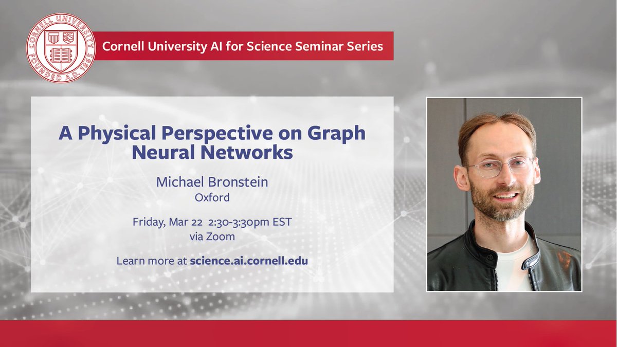 CUAISci's tweet image. Join us for a talk by Michael Bronstein on a Physical Perspective on GNNs happening now!
Zoom: cornell.zoom.us/j/97447753241?…