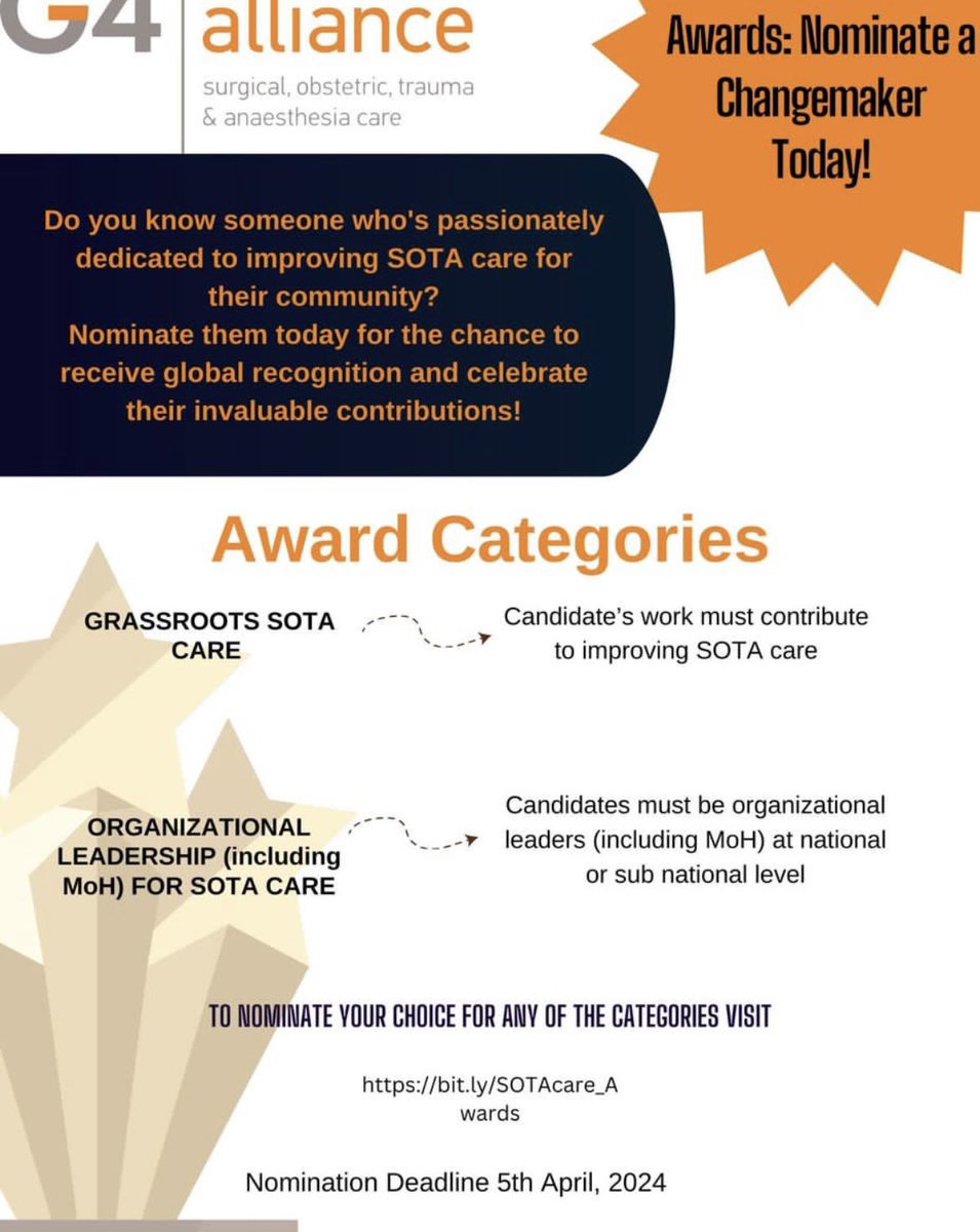 2024 G4 Alliance SOTA (Surgical, Obstetric, Trauma and Anesthesia) Care Awards Nomination form📃

To get more information on this, visit the G4 Alliance page👍

#g4alliance #sota #nomination #publichealth