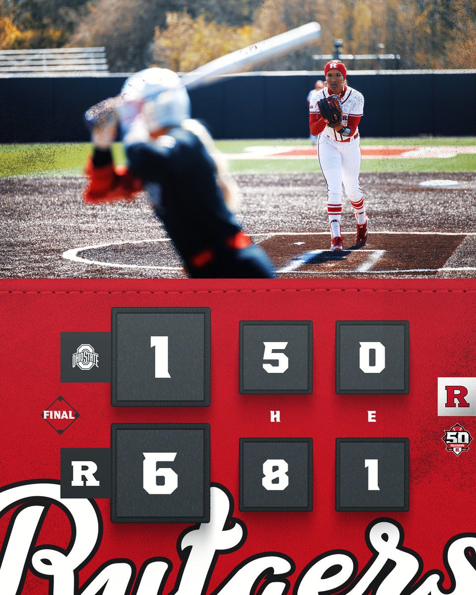 VICTORY | Rutgers 6, Ohio State 1  

🥎 Payton Lincavage hits 2 HRs with 3 RBIs 
🥎 Morgan Smith with an RBI triple and strikes out 5 Buckeyes  

Up Next: Game 2 vs OSU - 3:00 p.m.  

#GoRU #RUSB #Team50
