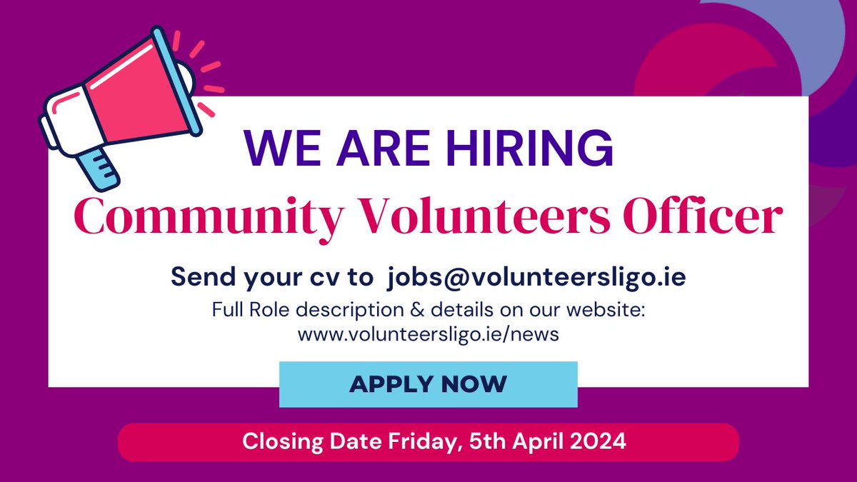 Join our Team!

We are currently seeking a Community Volunteers Officer to assist the Sligo Volunteer Centre team in implementing the Community Volunteer program in Sligo.

See link for more details volunteersligo.ie/we-are-hiring-…

@voluntireland @DeptRCD