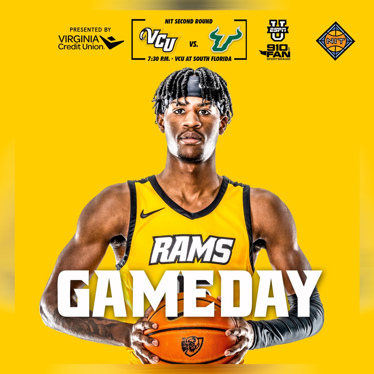 BRING ON ROUND TWO!
🏀 NIT Second Round
🆚 South Florida
📍 Tampa, Fla.
⏰ 7:30 p.m.
📺 ESPNU
🔊 tinyurl.com/s9skva5m
📊 tinyurl.com/mswrhfz5

#LetsGoVCU