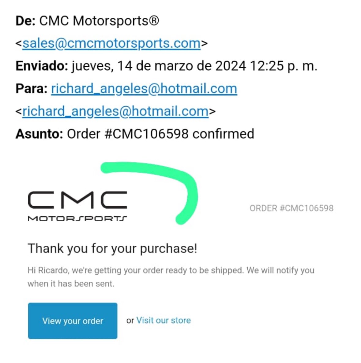 Buenas tardes @cmcmotorsports, no se vale abusar de la confianza de Fans @SChecoPerez. Te hice una compra de artículo de #SergioPerez y nos envías merca no vendes ni venderás y no pedí. Espero me hagas la devolución de mi dinero, mínimo me hubieses enviado la del equipo.