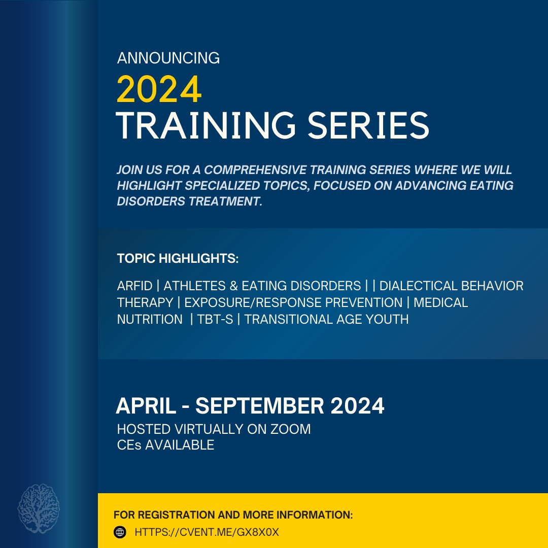 UCSD_EDC's tweet image. 🌟 Registration is now live! 🌟 Join us for an informative training series dedicated to advancing eating disorders treatment. Visit the following link for more details and to register: cvent.me/Gx8X0X 

#EatingDisordersAwareness #VirtualTraining