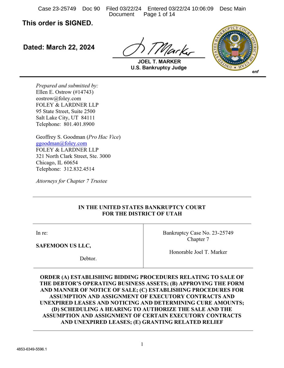 safemoon's tweet photo. (1/2) The Court approved the attached Bid Procedures for SafeMoon’s operating assets. Qualified Bids are due by April 4, 2024 at 5:00 p.m. (MT). An auction will be held on April 8, 2024 at 10:00 a.m. (MT). https://t.co/zLm5NT2CSt